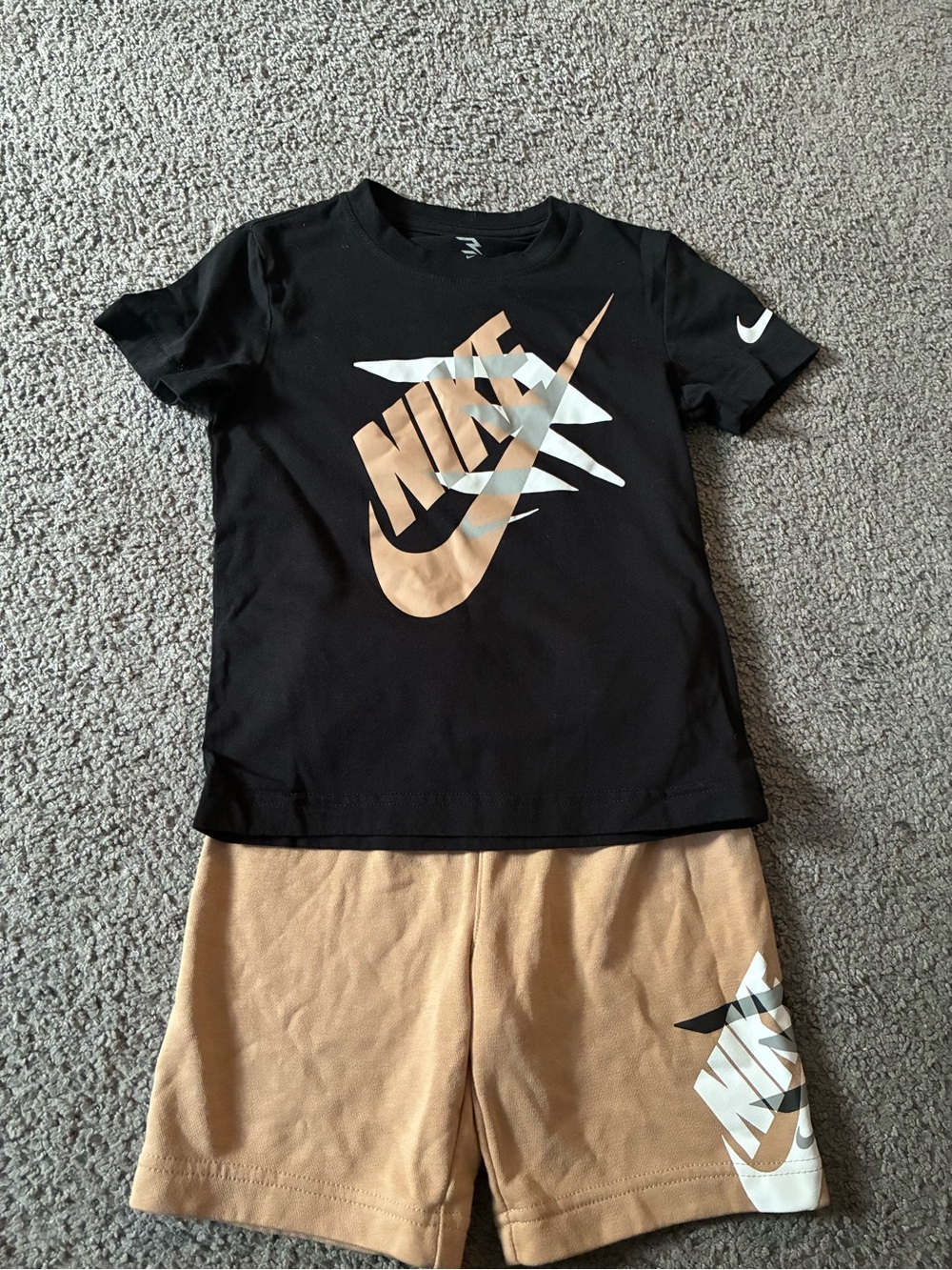 Nike Black Tee with Tan & White Logo — Boys Short Set